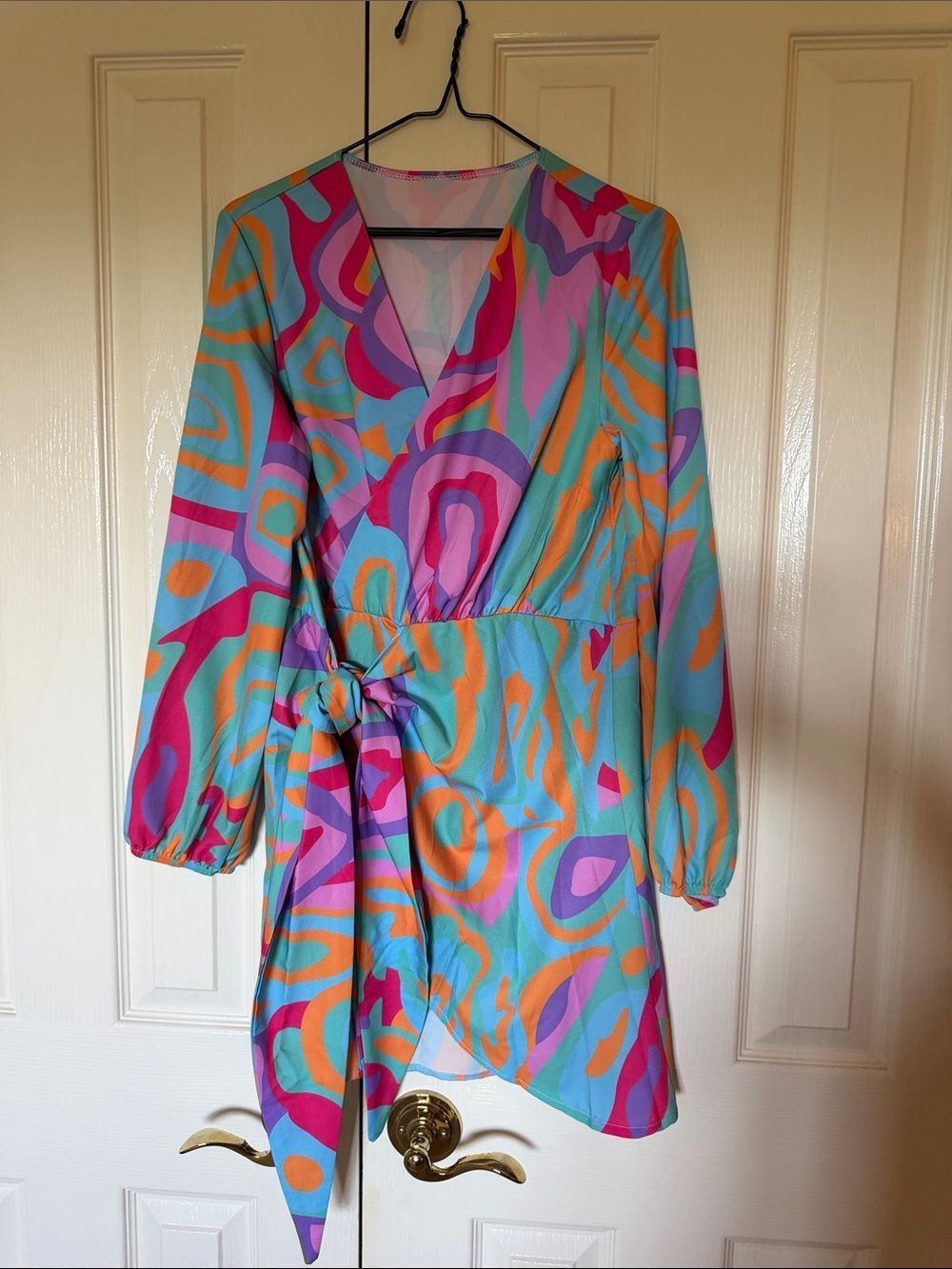 Abstract Print Long-Sleeve Wrap Dress with Self Tie